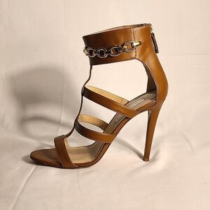 DIANE von FURSTENBERG Tan Caged 4.5" Stiletto Heels Sandals - Size: 9.5